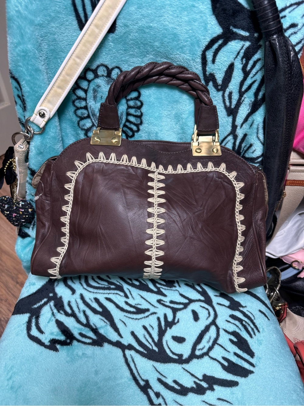 Rafe New York Brown Satchel with Cream Contrast Stitching and Braided Handle